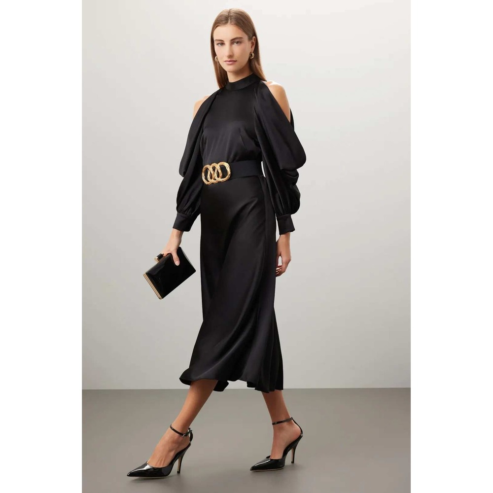 ARIAS New York Halter Neck Dress Black Satin Midi Off Shoulder Womens Sz 6